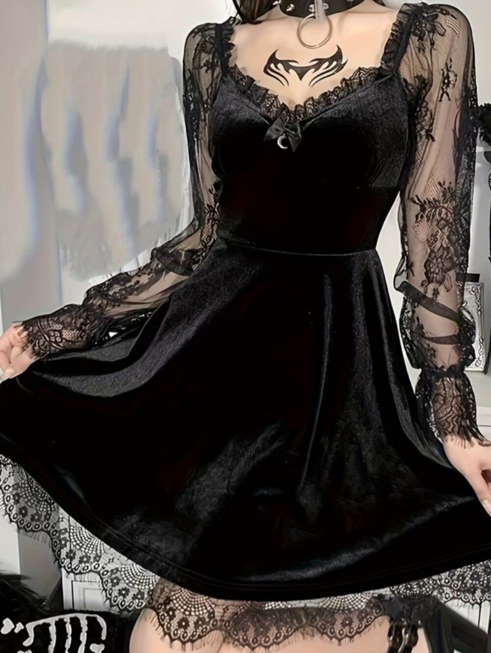 Gothic Sexy Str Velvet Black Dress W Lace Sleeves